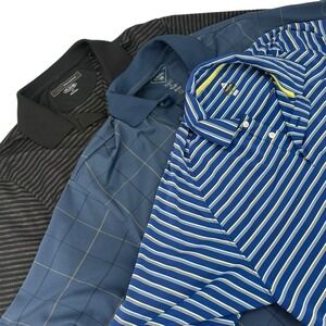 Greg Norman Polo Mens Medium Shirt Black Gray Striped Play Dry Golf Short Sleeve